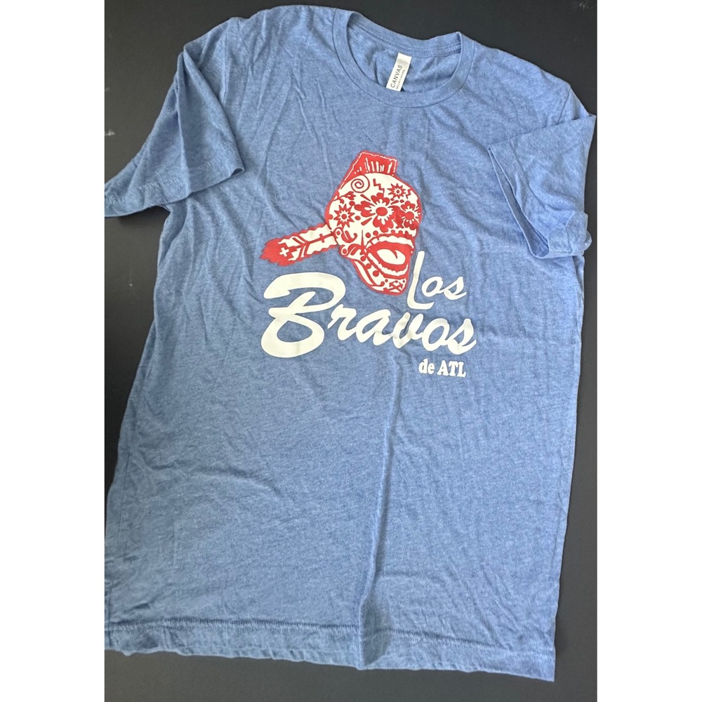 ATL Braves Men Los Bravos de ATL Atlanta Sugar Skull Graphic Tee Blue Size M